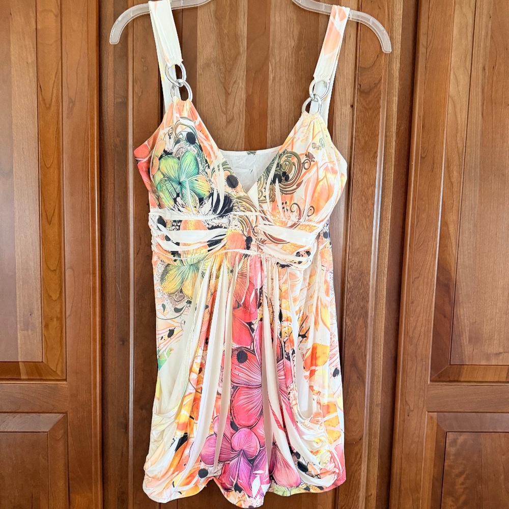 White and multi-color floral print tunic top M